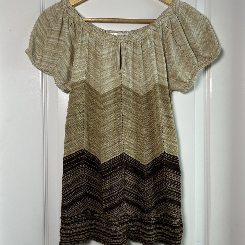Decree Vintage Y2K Boho Knit Tan Brown‎ Chevron Colorblock Babydoll Tunic Top